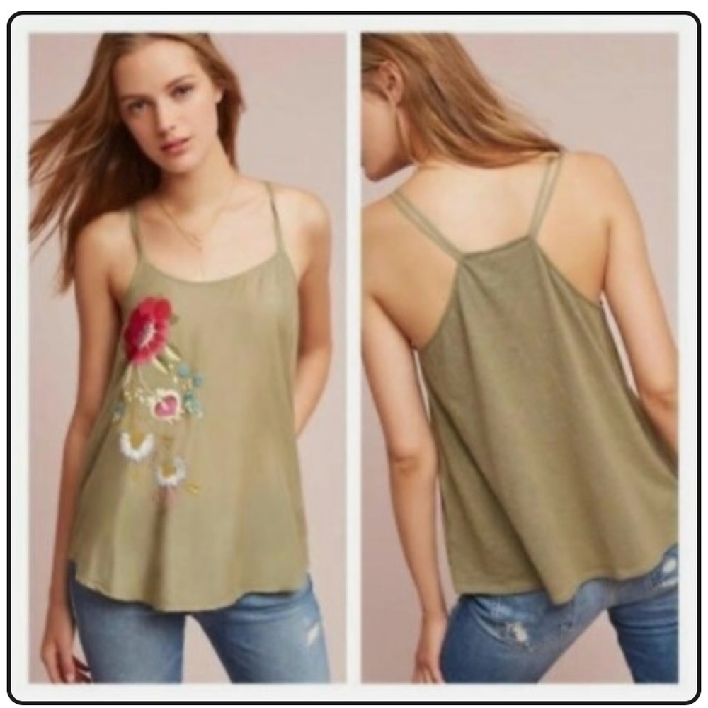 AKEMI + KIN ANTHROPOLOGIE Moss Green Needlepoint/Embroidery Floral Tank Size M